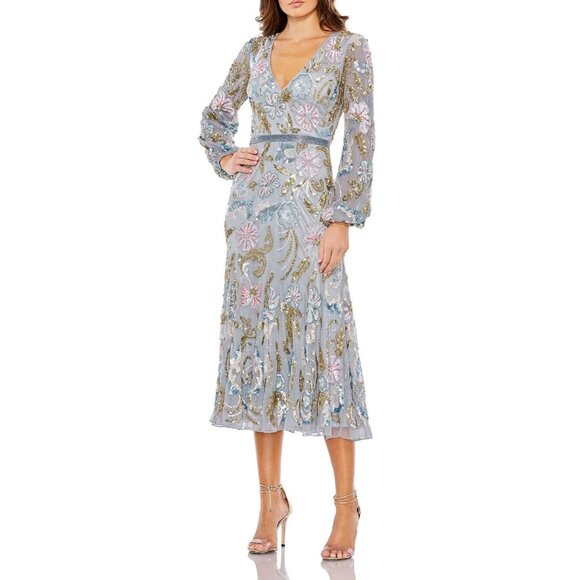 Mac Duggal 5423 Size 6 Silver Gray Gold Long Sleeve Floral Beaded Midi Dress NWT - Picture 2 of 4